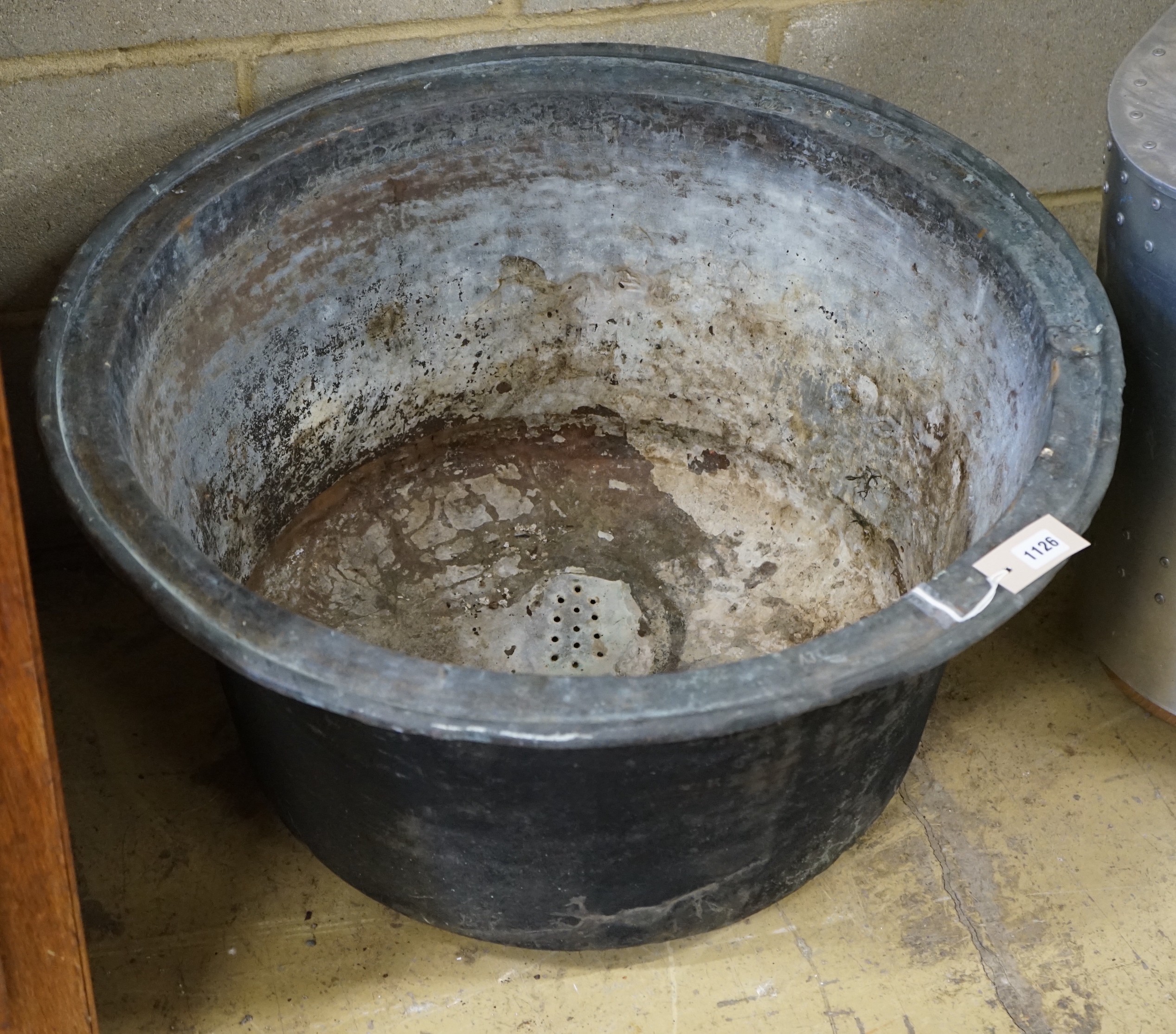 A Victorian circular copper cauldron, diameter 75cm, height 39cm